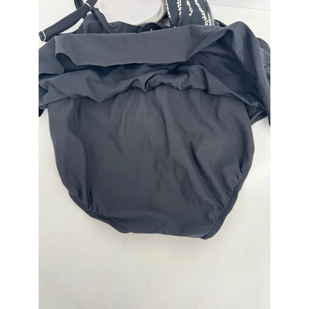 Black Gold Sz 14 Ruched Swim Dress One Piece Adjustable Straps Skirted Swimsuit